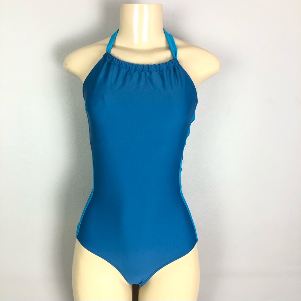 Sundance Halter One Piece Swimsuit Colorblock Teal and Turquoise Size S